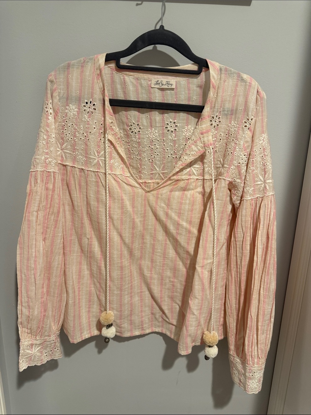 LoveShackFancy Pink and Cream Striped Eyelet Peasant Top
